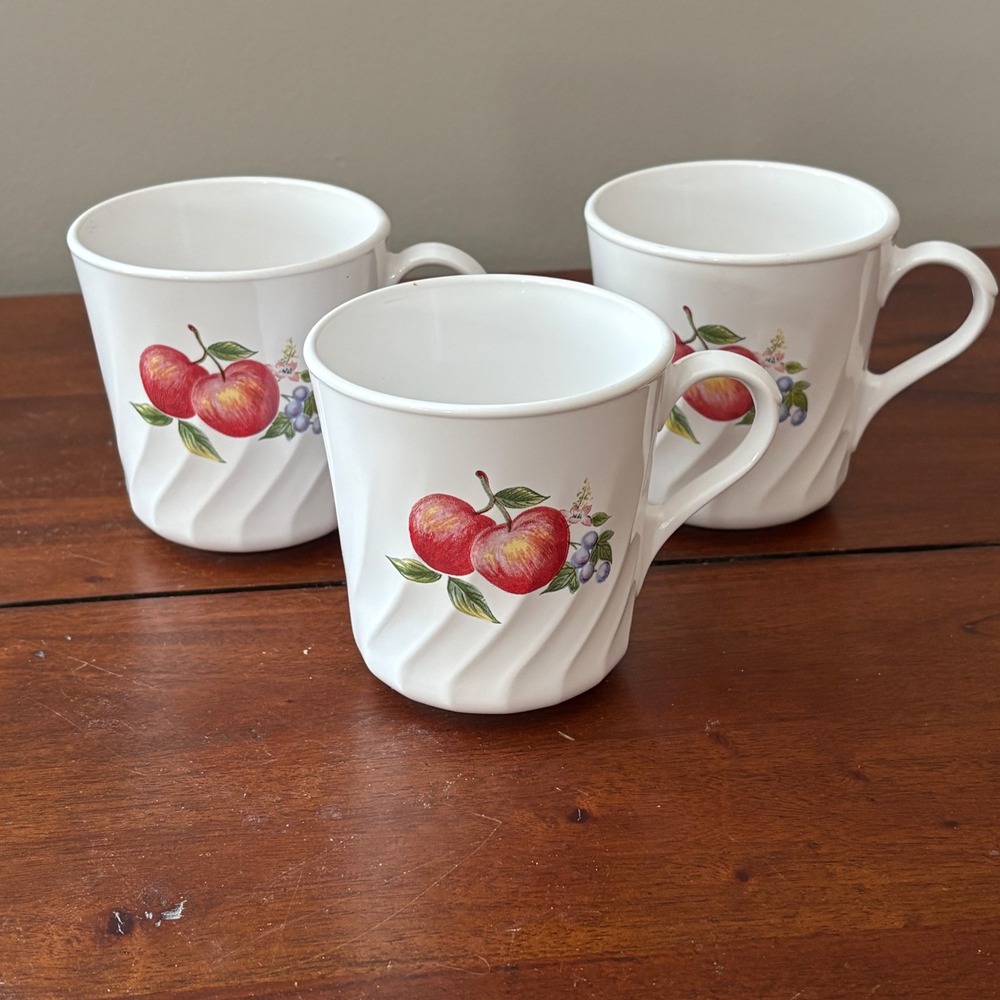 CorningWare Abundance Fruit Swirl Mugs‎ Set of 3 White Apple Pear Made in USA